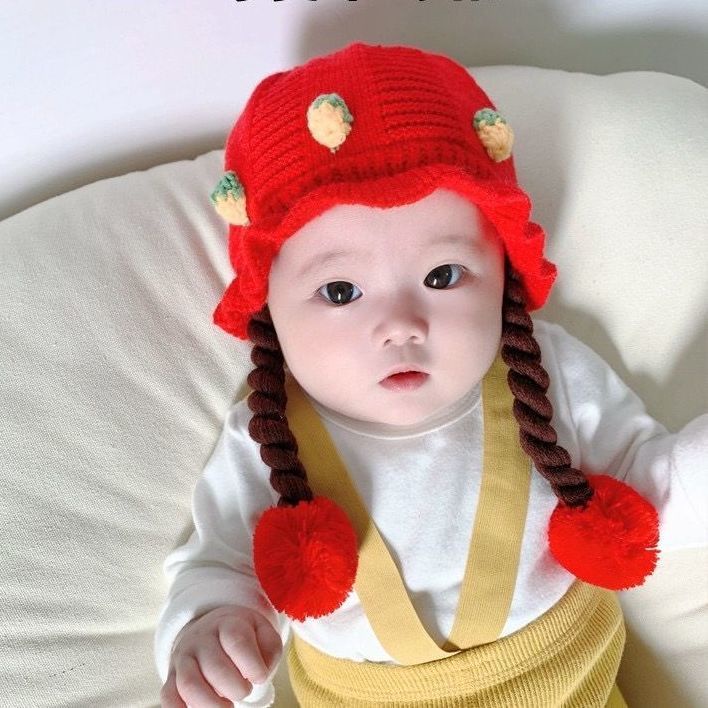 Mũ Len Trùm Đầu Kèm Tóc Giả Dày Dặn Giữ Ấm Tai Cho Bé