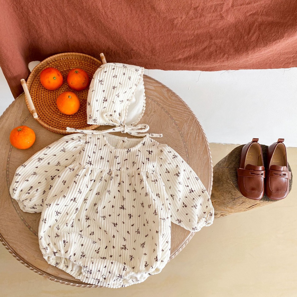 Bộ Áo Liền Quần Vải Cotton Tay Dài In Hoa Nhỏ Dễ Thương Phong Cách Hàn Quốc Cho Bé Gái Sơ Sinh