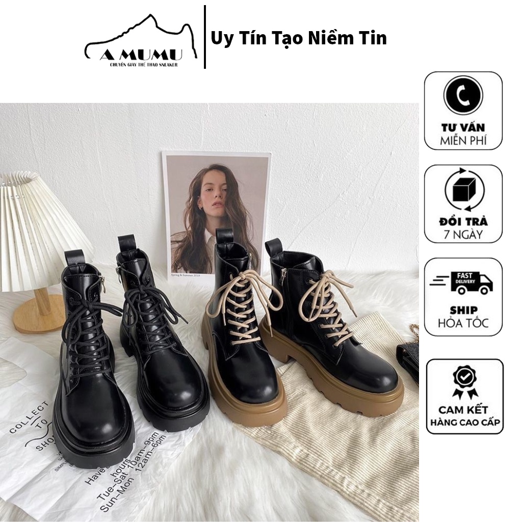 Boot nữ đế độn, bốt nữ cổ lửng phong cách Hàn Quốc chất liệu da PU cao cấp đế cao su độn 5cm