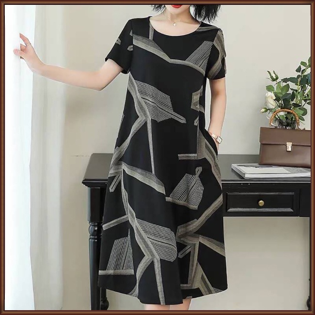 Đầm Midi Tay Ngắn Cổ Tròn Dáng Chữ A In Họa Tiết Trừu Tượng Thời Trang Xinh Xắn Cho Nữ