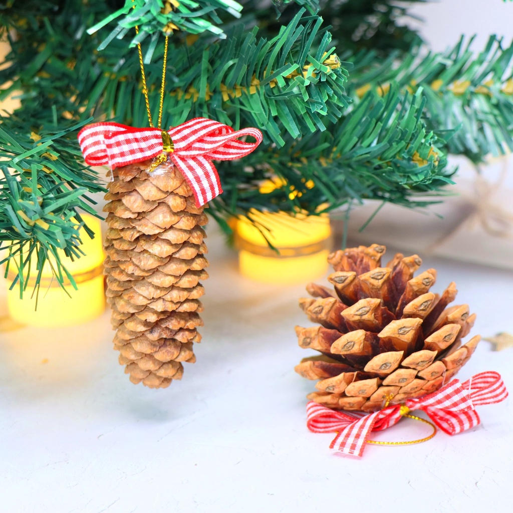Quả Thông Đính Nơ Ca Rô Đỏ QTTT11 Trang Trí Cây Thông Noel Giáng Sinh