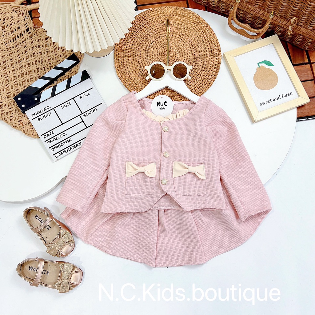 Set váy dạ ép 2 chi tiết cho bé gái Túi Đính Nơ xinh xắn Đầm bé gái thu đông màu vintage Hàn Quốc 1 2 3 4 5 6 tuổi