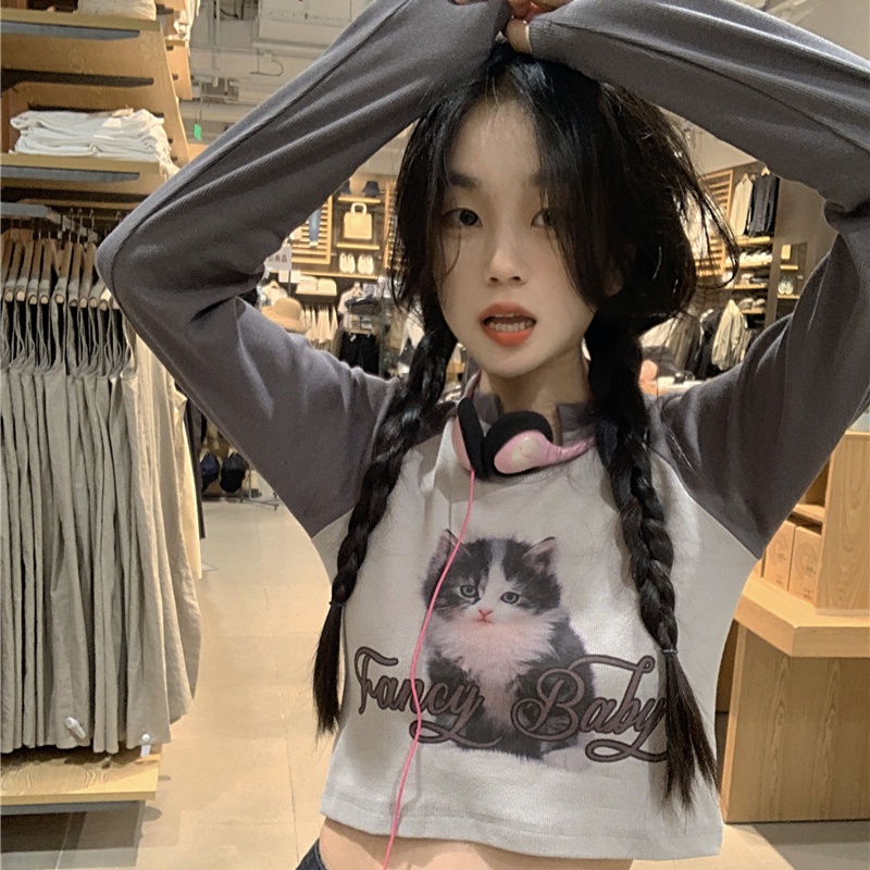 Áo Thun Croptop Tay Dài Màu Sắc Tương Phản In Hình Mèo Dễ Thương Thời Trang Mùa Thu Cho Nữ