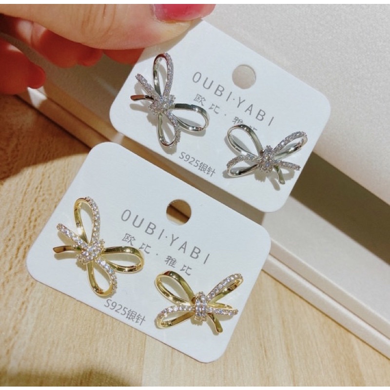 bông tai nơ đinh đá sanh chảnh, khuyên tai đá zircon phong cách hàn quôc