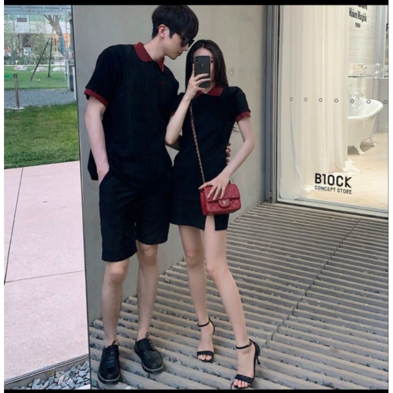 Váy thun đôi nam nữ polo cổ bẻ trang trí