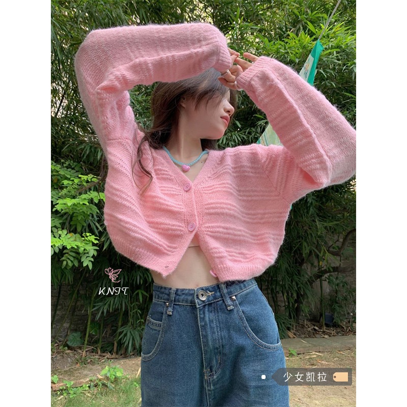 HUANG YOYO Áo Cardigan Dệt Kim Tay Dài Cổ Chữ V Màu Hồng Thời Trang Mùa Thu Dành Cho Nữ