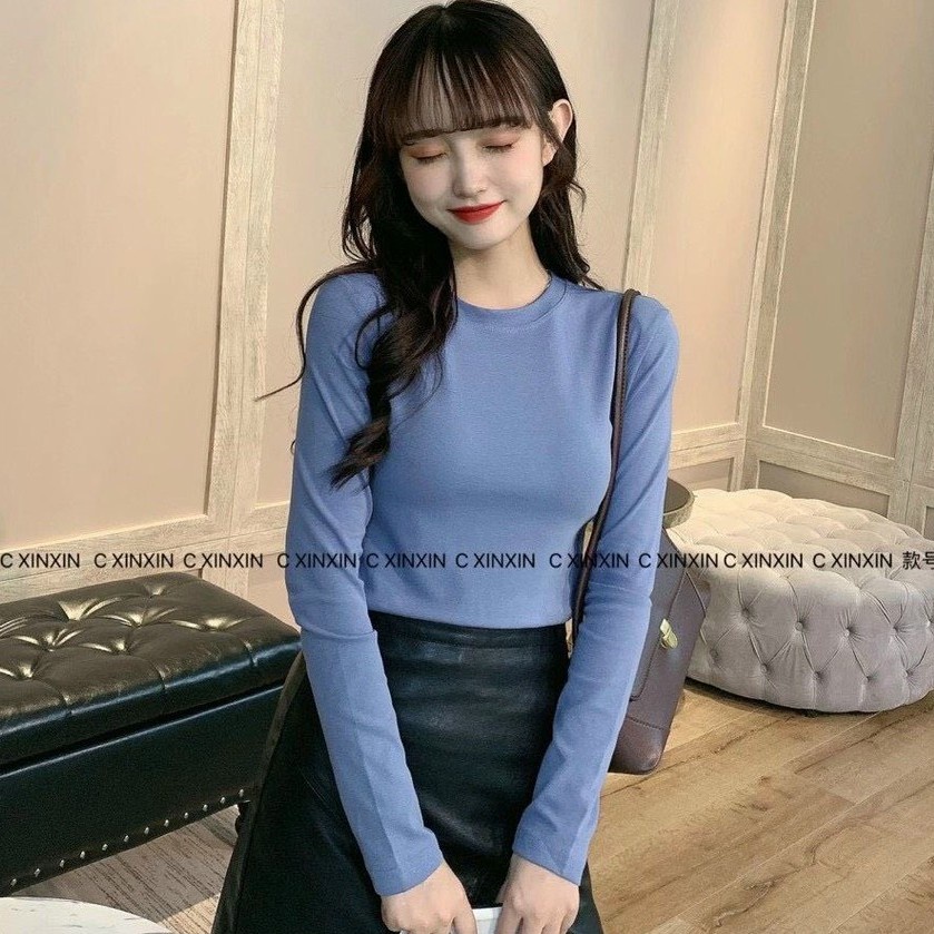Áo thun xin xin dài tay cổ tròn dáng ôm, Áo phông dài tay vải cotton co giãn 4 chiều