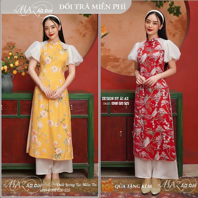BigSize Áo Dài Cách Tân Nữ Gấm In Hoa Cổ Bản Nhỏ Tay Ngắn Bồng LD35