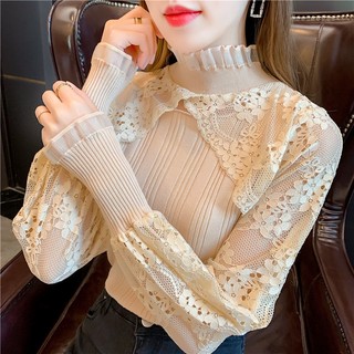 Áo len cổ lọ tay dài phối ren phong cách hàn quốc