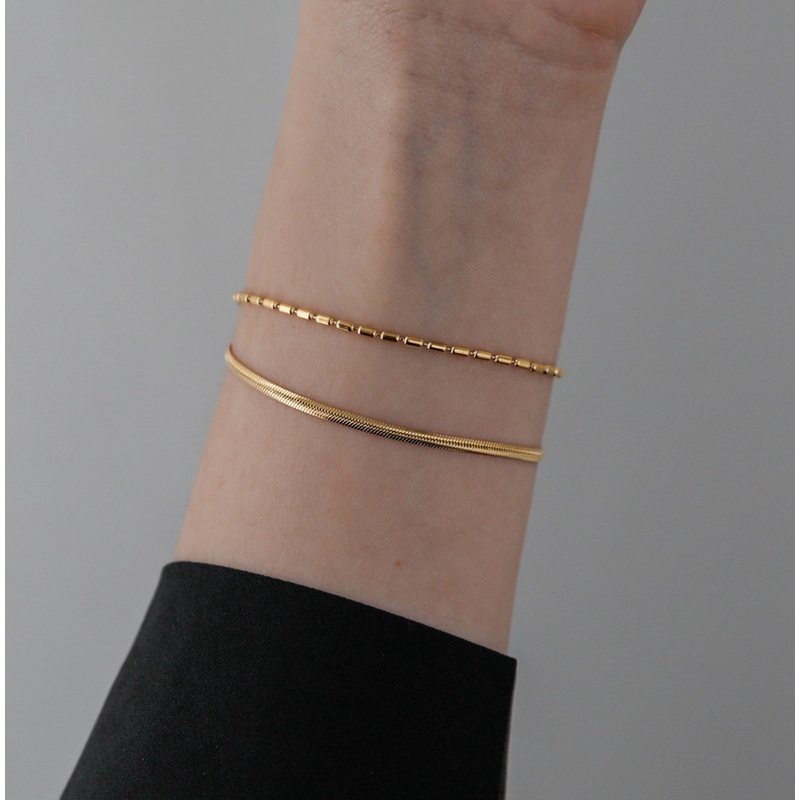 Vòng Tay Hai Lớp Mạ Vàng 18K Đính Hạt Hình Xương Rắn Phong Cách Hàn Quốc Độc Đáo Thời Trang Cho Nữ