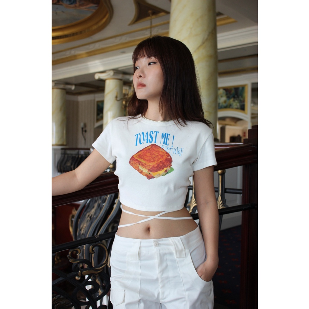 Good Letter H - Áo Thun Crop Top Khoét Lưng Cột Dây - Sandwich Croped Top