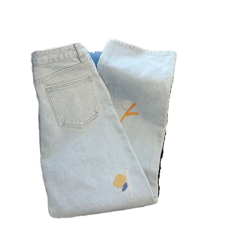 Quần Jean Dài Lưng Cao Ống Suông Thêu Hoa Thời Trang 2022 Cho Nữ