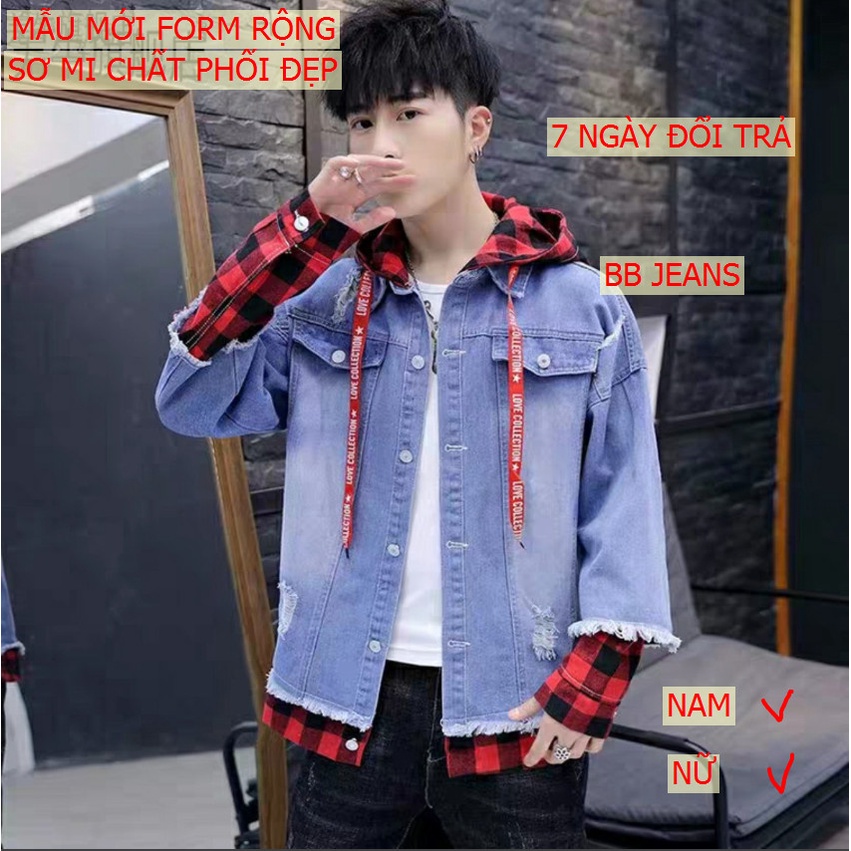 Áo khoác jean nam có mũ vải sơ mi đỏ cực đẹp thời trang form rộng size 40-75kg Mata Sport