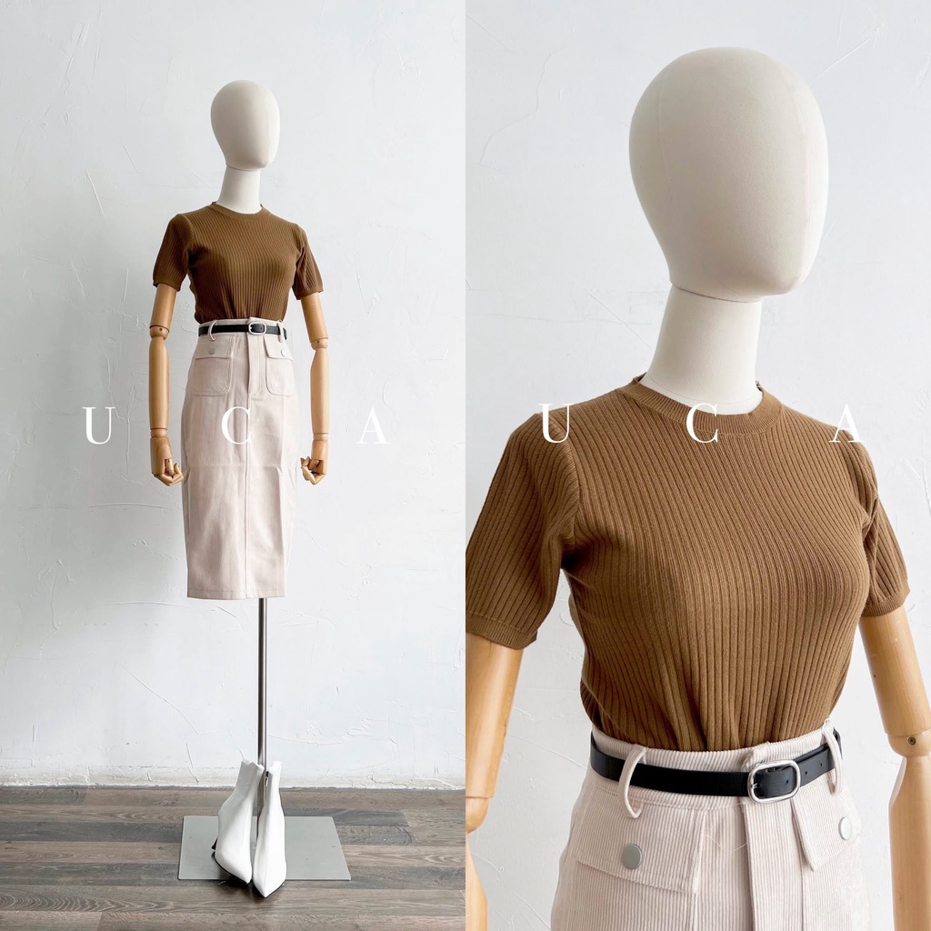Áo len nâu tăm cổ tròn tay cộc dáng basic