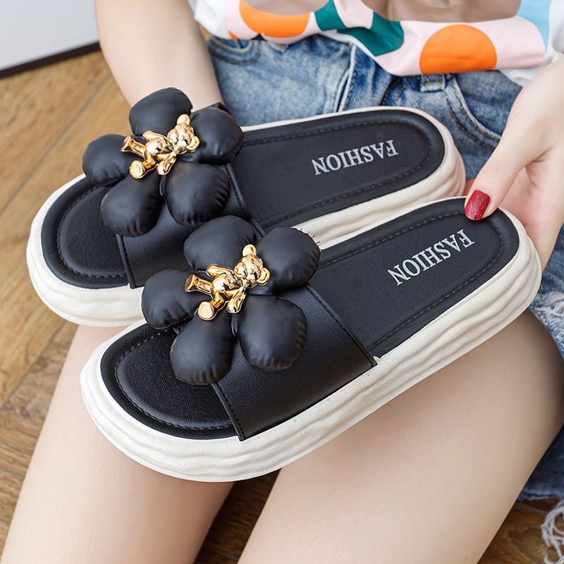 JY376-D1 HOA PHỐI GẤU NÂU Dép  nữ quai ngang dễ thương cực xinh  bánh mì   đế 5p nâng gót vintag cho nữ