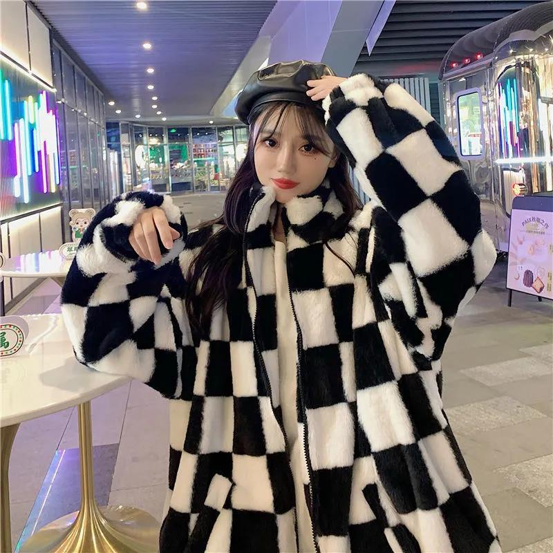 Áo Khoác Lông Cừu Dáng Rộng Sọc Ca Rô Đen Trắng Thời Trang Mùa Đông Ấm Áp