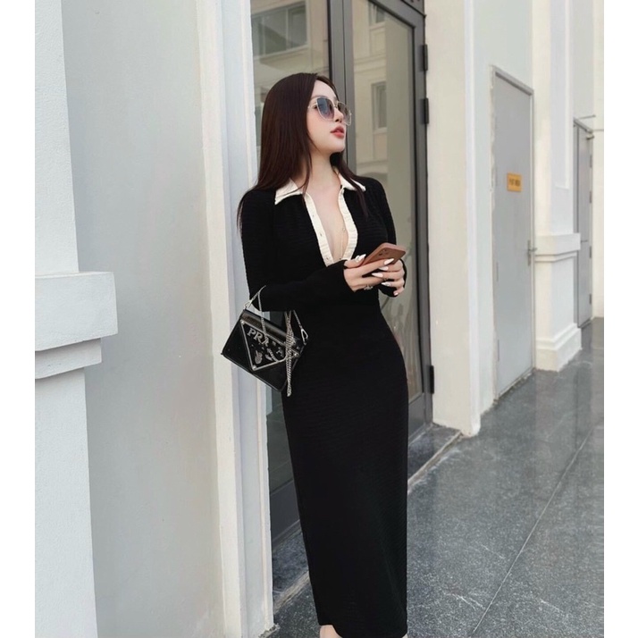 đầm thun body tay dài cổ bẻ siêu ôm dáng m7555