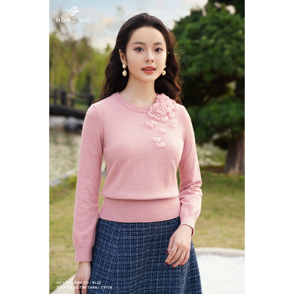Áo len nữ thiết kế Hong Vic màu hồng bo AL22
