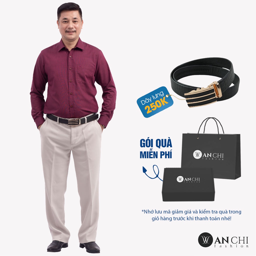 Combo Áo Sơ Mi Nam Đỏ Đô Và Quần Âu Vải Tăm Màu Kem Trung Niên ANCHI Cao Cấp