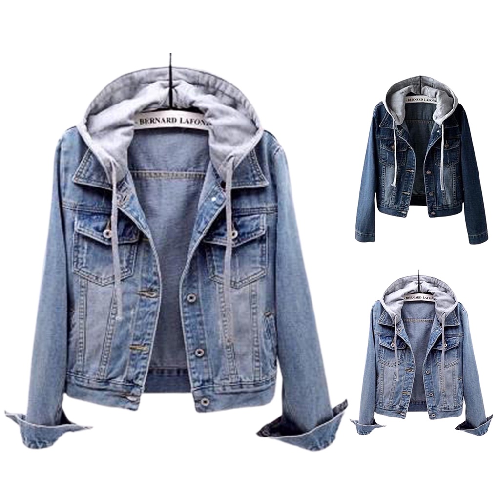 Áo Khoác Jean Tay Dài Có Nón Cài Nút Thời Trang Đường Phố Cho Nữ