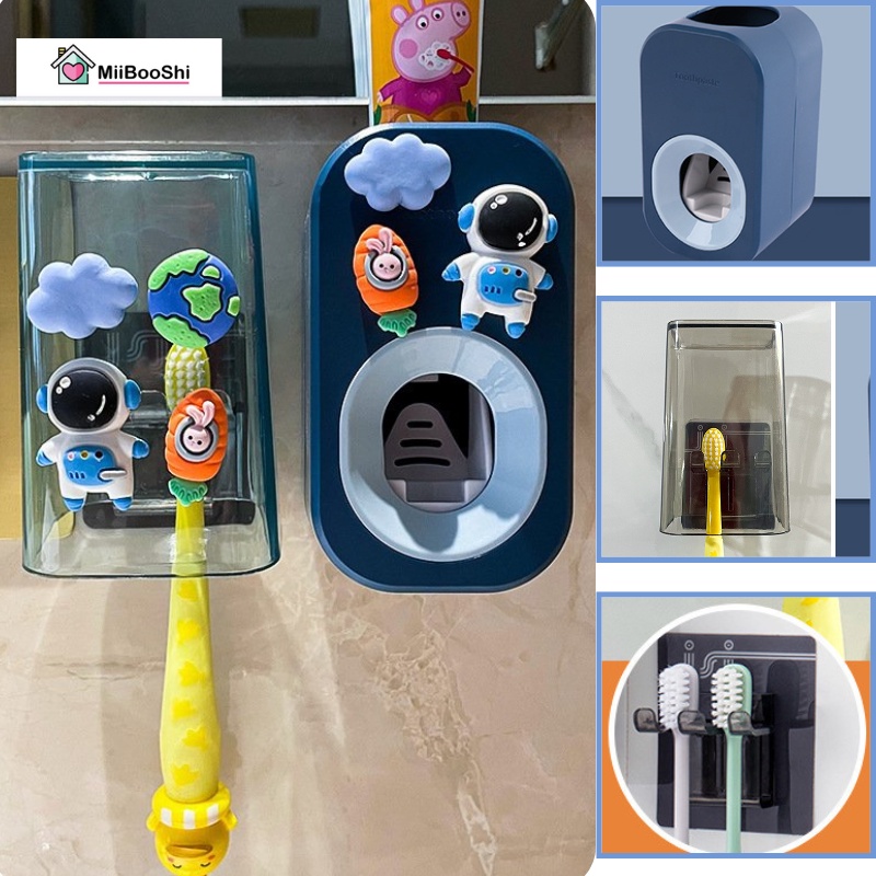 Bộ cốc và kệ nhả kem đánh răng gắn sticker thông minh tự động chất liệu nhựa an toàn mẫu mới 2022