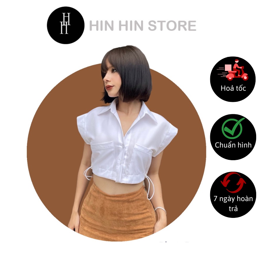 Áo croptop sơ mi tay ngắn eo rút dây màu trắng HAC131 Hỉn Hỉn Store