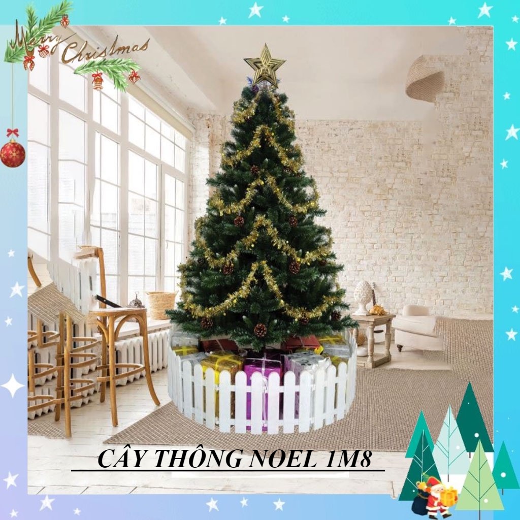 Cây thông noel 3 loại lá gắn trái thông, cây thông noel 1m8 tán lá dày trang trí giáng sinh trong nhà ngoài trời