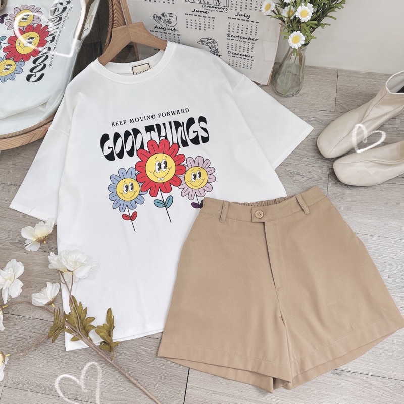 [Sẵn] Set áo thun trắng in hình form rộng + quần short nude cá tính