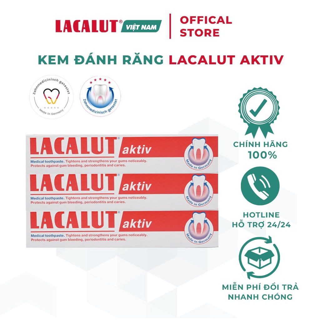 Combo 3 tuýp Lacalut Aktiv - Kem Đánh Răng Chống Tụt Lợi, Viêm Nướu, Chảy Máu Chân Răng | Nhập Khẩu CHLB Đức