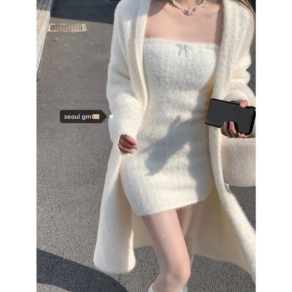 UIOWOO  Set Áo Ống + Áo Khoác Cardigan Lông Dáng Dài Phong Cách Hàn Quốc Ngọt Ngào Cho Nữ