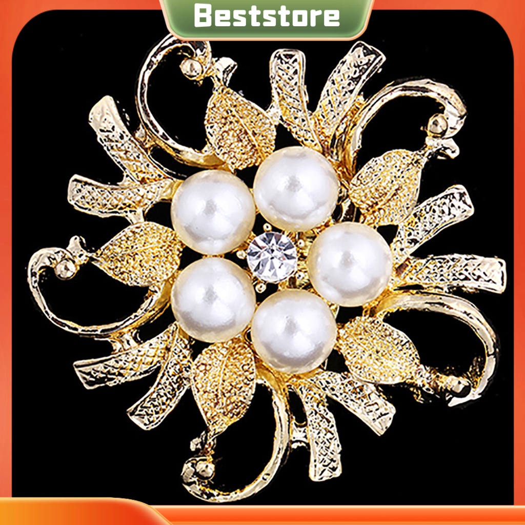 Ghim cài áo bằng kim loại thiết kế hình bông hoa đính đá và ngọc trai giả xinh xắn