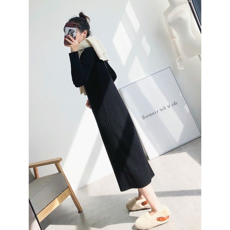 Áo Sweater Dệt Kim Cổ Cao Dáng Rộng Màu Đen Thời Trang Thu Đông Cho Nữ