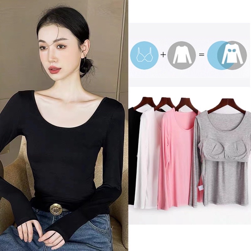 Áo nữ thu đông kiểu, áo thun tay dài có đệm ngực mới 2023 SUNNYBOUTIQUE áo ôm body cổ tròn cao cấp