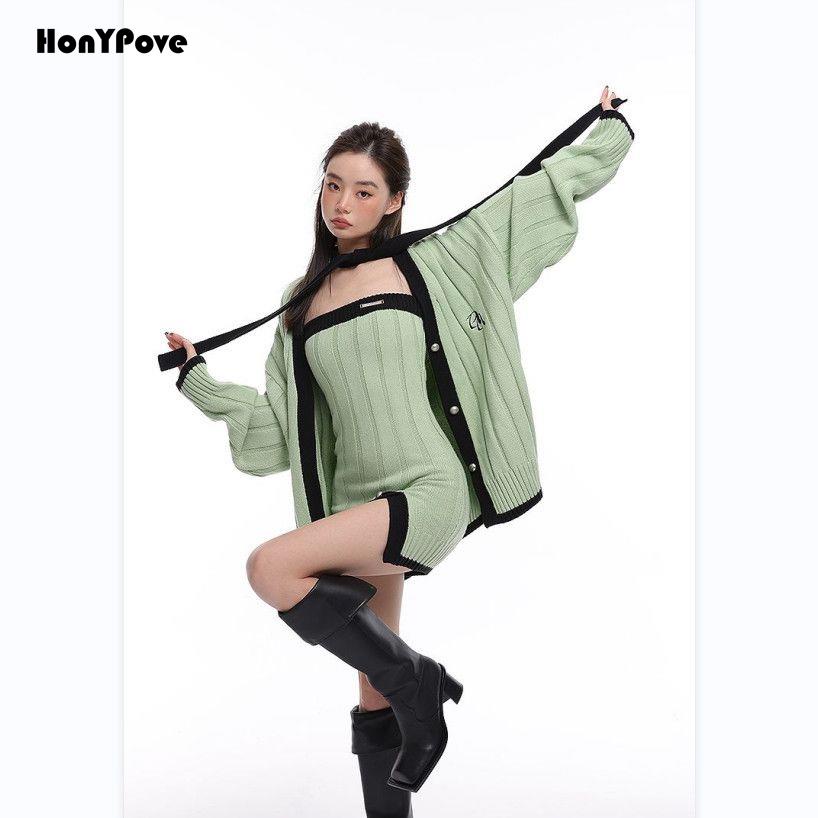 Set Đầm Ôm Và Áo Khoác Cardigan Dệt Kim Gợi Cảm Cho Nữ