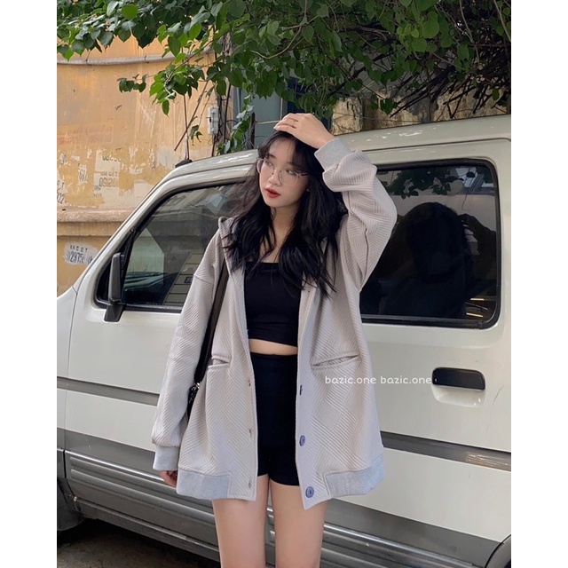 Áo khoác nỉ mũ oversize kẻ chìm, Áo khoác sweater form rộng cài cúc Bazic one