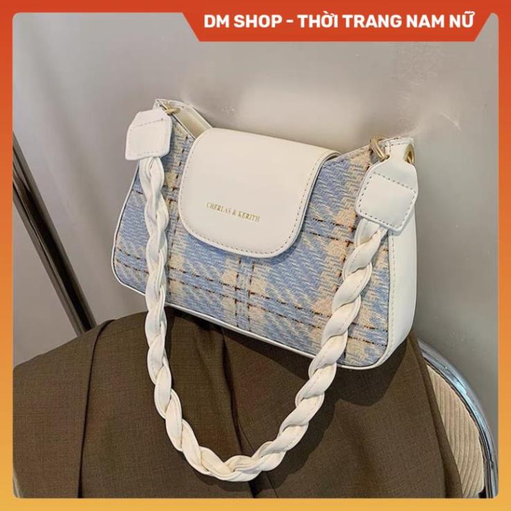 Túi xách nữ đeo chéo đeo vai thời trang , Túi sách kẹp nách kẻ dạ đen trắng xanh dây da xoắn phong cách Hàn dm shop