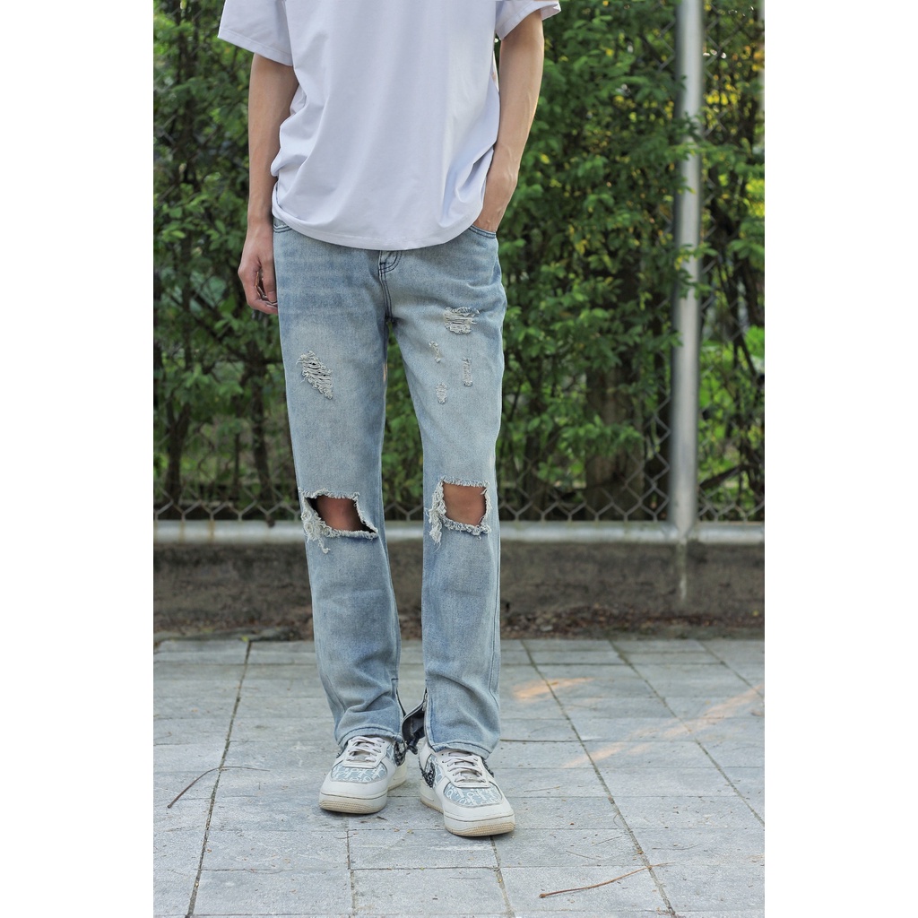 Quần bò nam ống suông rách gối khóa zip mới c807 Pon.mens