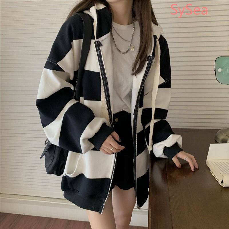 Áo Hoodie Form Rộng Họa Tiết Kẻ Sọc Phong Cách Hàn Quốc