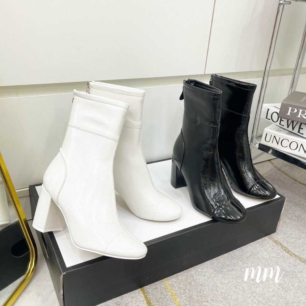 Bốt da lì khóa sau,💖FREESHIP💖,Full hộp 2 màu đen kem