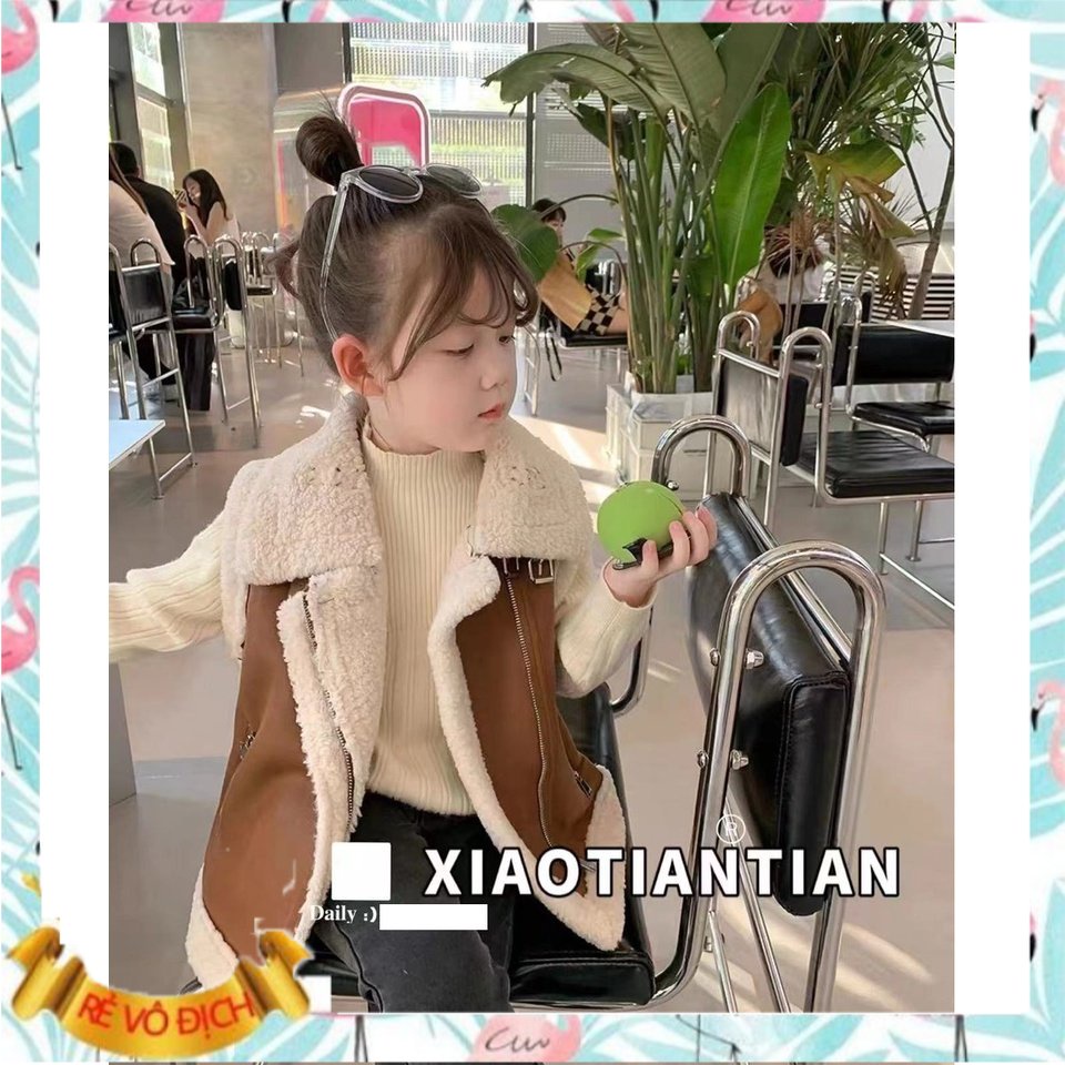 Áo gile lông cho bé 2-7 tuổi lót lông cừu kéo khóa. Áo da lộn bé gái kiểu dáng khỏe khoắn thời trang