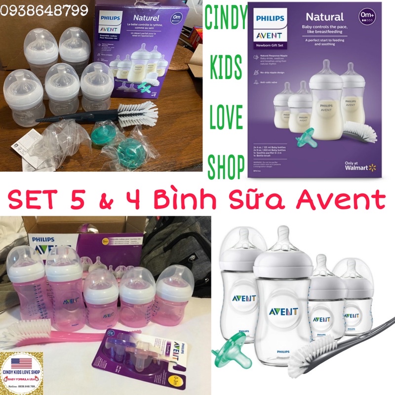 Gift Set Bình Sữa Avent Philip (2 bình 260ml,3 bình 160ml, 2 núm ti, 2 núm ngậm,1 bàn chải rửa bình)