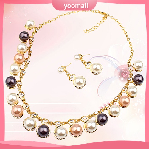 Bộ Vòng cổ + Bông Tai Đính Đá &amp; Ngọc Trai Nhân Tạo Cho Nữ