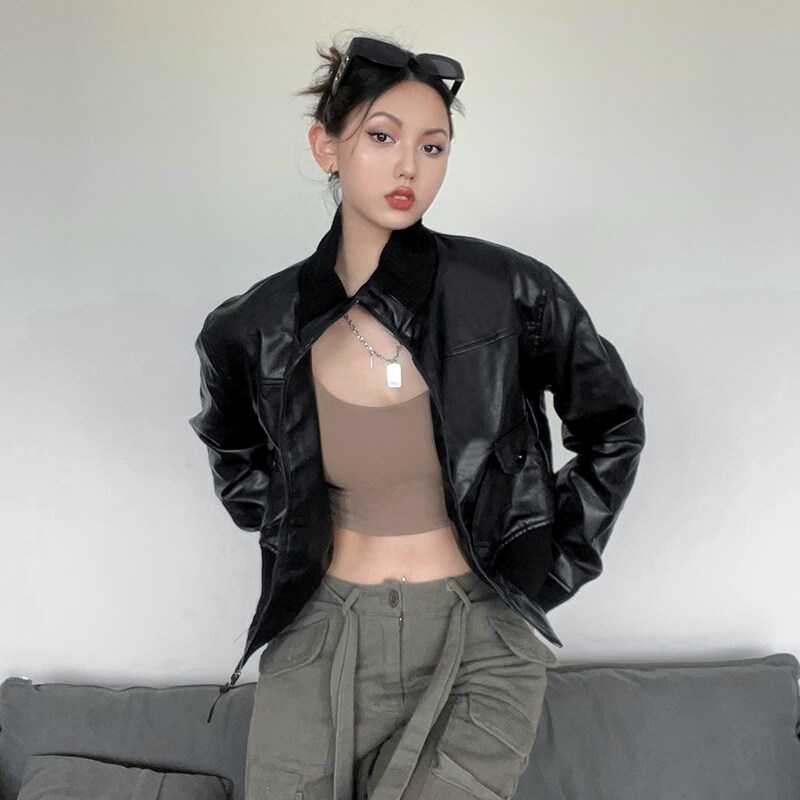 Áo khoác da Kliou tay dài dáng rộng có khóa kéo phong cách punk 2022 cá tính dành cho nữ