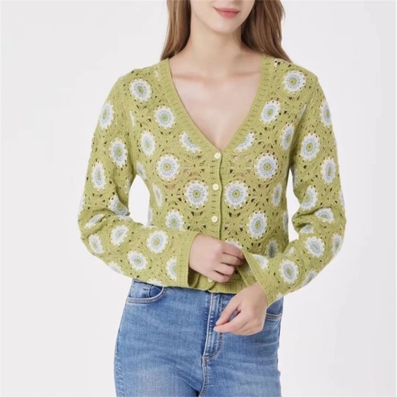 Xiangbao Áo Khoác Cardigan Dệt Kim Mỏng Dáng Rộng Khoét Lỗ Phối Nút Họa Tiết Hình Học Vintage Mùa Thu Cho