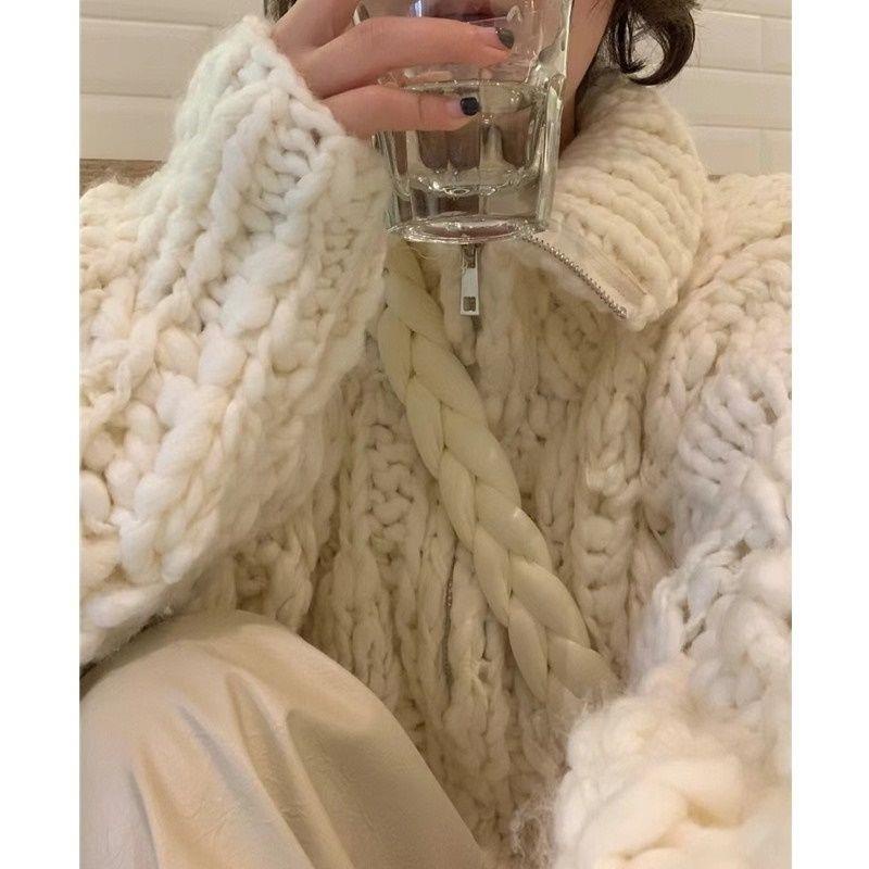 Áo Khoác Cardigan Cổ Lọ Dày Dặn Phối Khóa Kéo Phong Cách Retro Nhật Bản