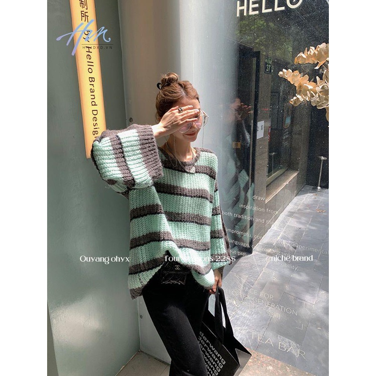 Áo Sweater Dệt Kim Kẻ Sọc Dáng Rộng Thời Trang Mùa Thu Cho Nữ