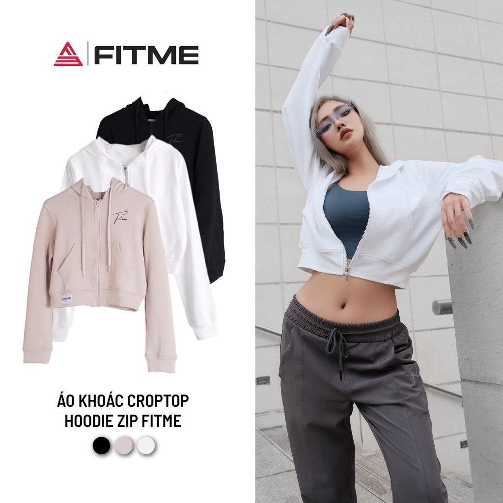 Áo khoác croptop Fitme hoodie zip nữ có nón phong cách thể thao hỗ trợ tập gym, yoga, chạy bộ AKCT