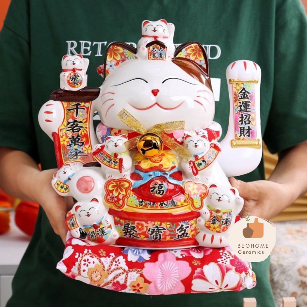 Mèo Thần Tài Mèo May Mắn Mèo Tài Lộc vẫy tay Nhật Bản Maneki Nekko băng gốm sứ cao cấp mẫu mới