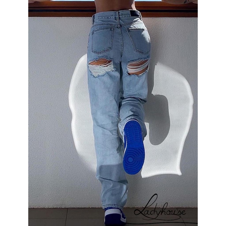 Quần Denim Dài Rách Gối Có Túi Bên Hông Phong Cách Đường Phố Mùa Xuân Thu Cho Nữ