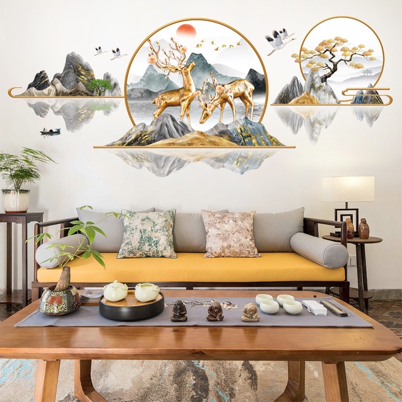 Decal Dán Phòng khách mẫu cặp nai vàng 3D